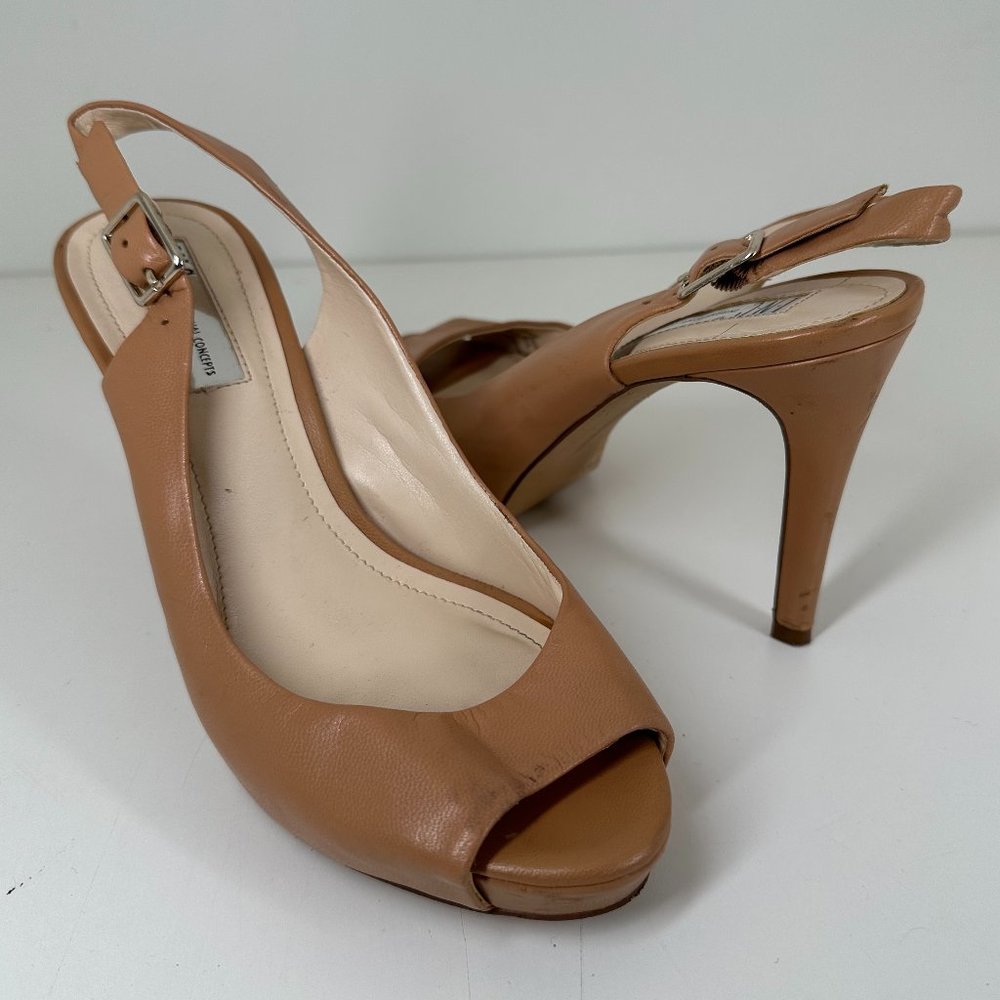 INC International Tan Leather Peep Toe Sling Back Heels | 7